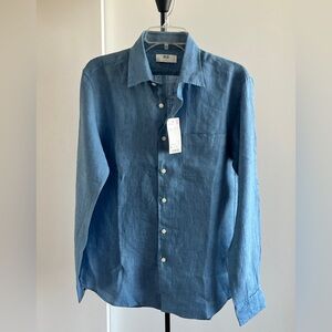 NWT Uniqlo premium French linen blue button down shirt full sleeves Mens S / M